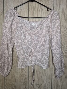 Japna Pink and White Leopard-Print Drawstring Peasant Top